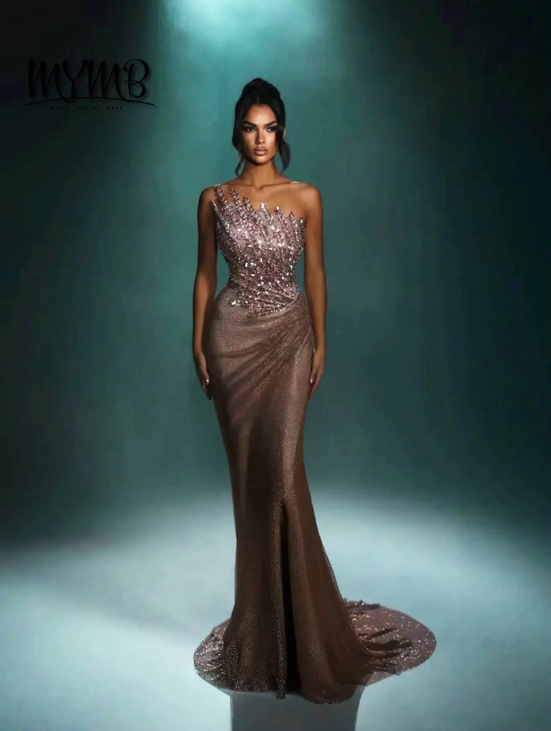 The Champagne Radiance: MYMB Dramatic Rhinestone Celebrity Gown
