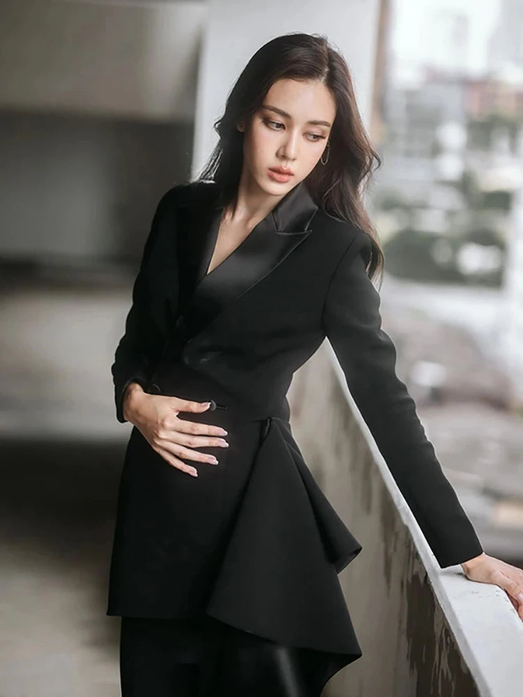 The Avant-Garde Executive: Irregular Ruffle Blazer & High-Waist Pant Set