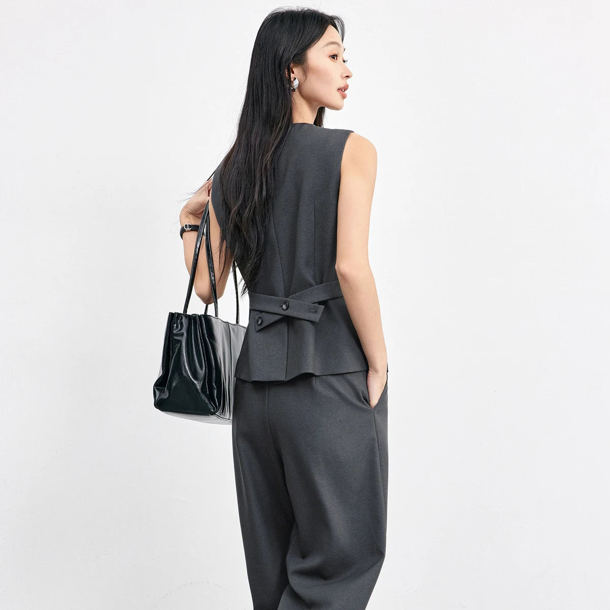 The Commuter Chic: Sentubila Overlap Vest & Wide-Leg Trouser Set