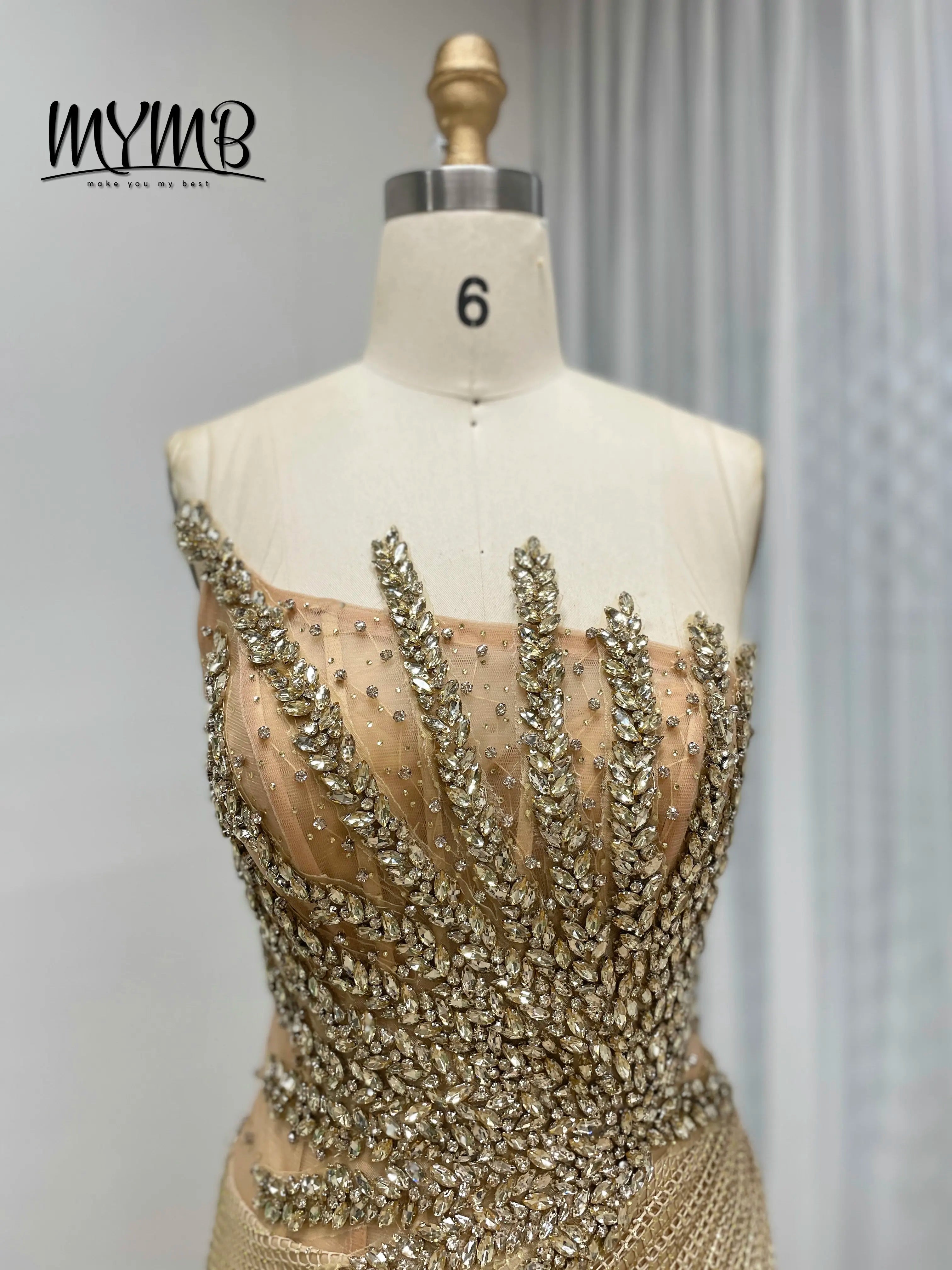 The Champagne Radiance: MYMB Dramatic Rhinestone Celebrity Gown