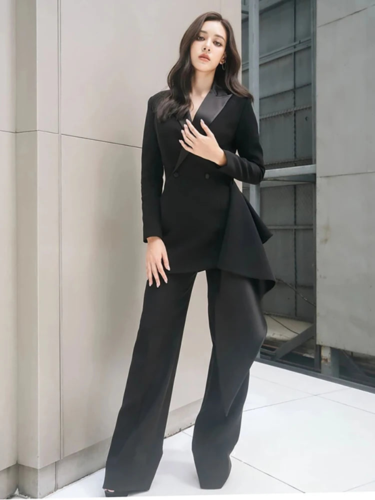 The Avant-Garde Executive: Irregular Ruffle Blazer & High-Waist Pant Set