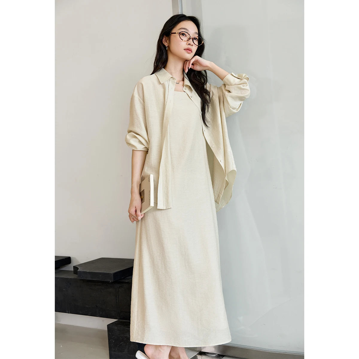 The Autumn Sophisticate: Vimly Two-Piece Suspend Dress & Oversized Shirt Set