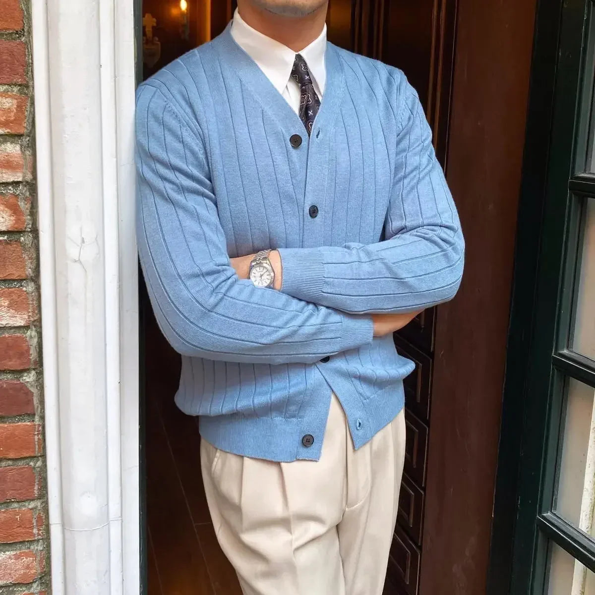 The Kyoto Monolith: Modern V-Neck Business Cardigan