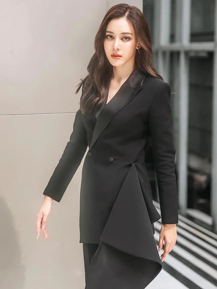 The Avant-Garde Executive: Irregular Ruffle Blazer & High-Waist Pant Set
