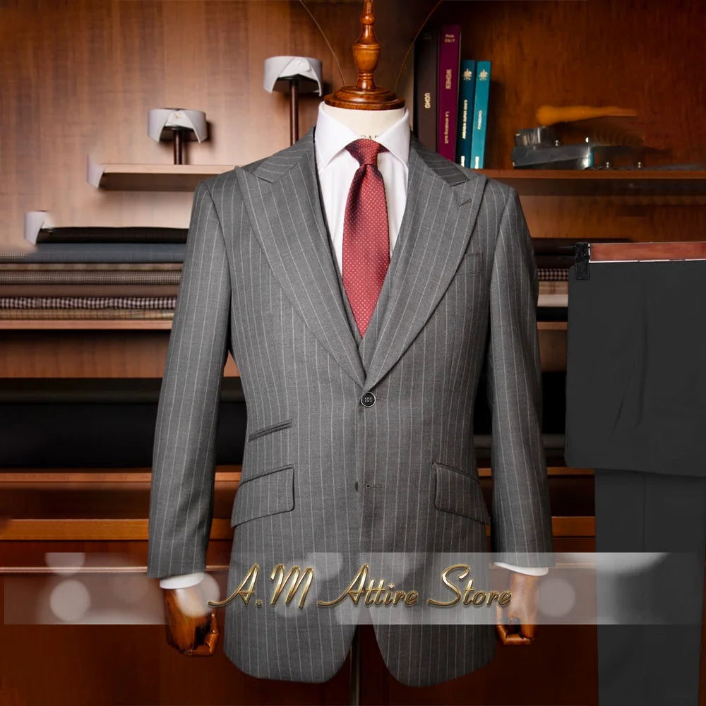 The Sterling Meridian: Men’s Retro Striped 3-Piece Grey Suit