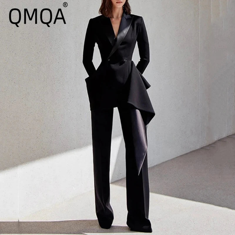 The Avant-Garde Executive: Irregular Ruffle Blazer & High-Waist Pant Set
