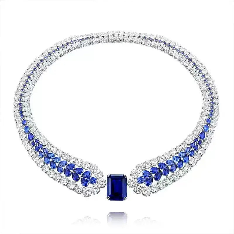 The Royal Azure: Square-Cut Sapphire & Sterling Silver Banquet Necklace