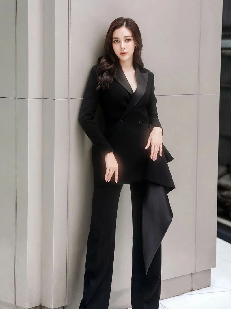 The Avant-Garde Executive: Irregular Ruffle Blazer & High-Waist Pant Set