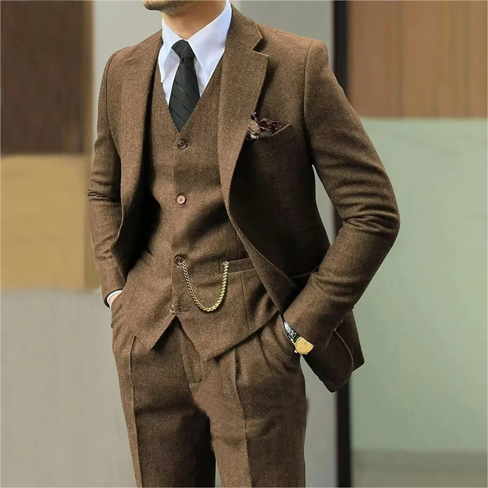 The Amber Fishbone: Brown Tweed 3-Piece Smoking Suit