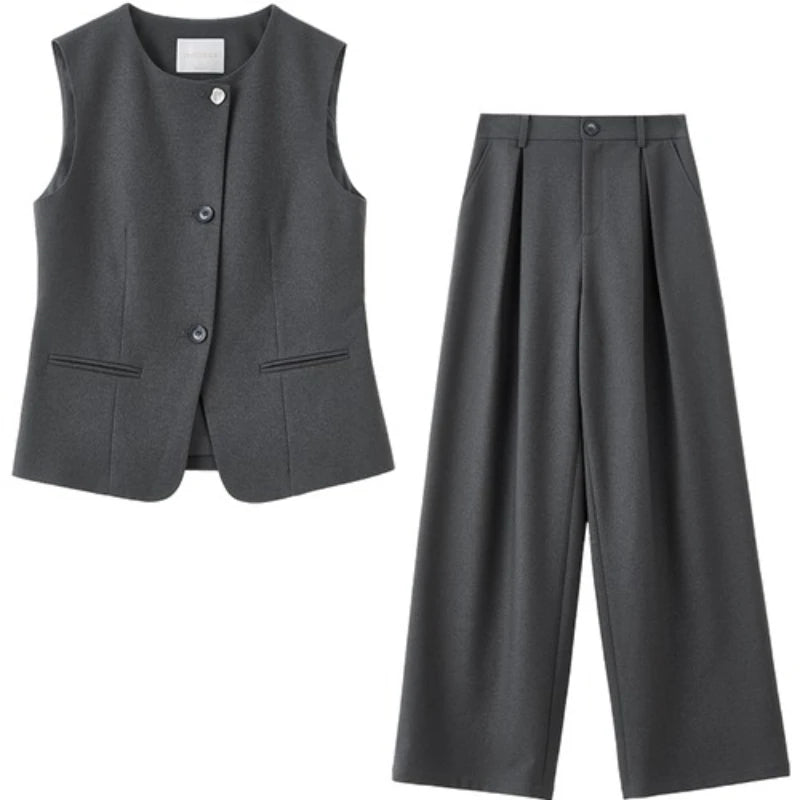 The Commuter Chic: Sentubila Overlap Vest & Wide-Leg Trouser Set