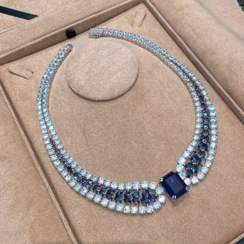 The Royal Azure: Square-Cut Sapphire & Sterling Silver Banquet Necklace