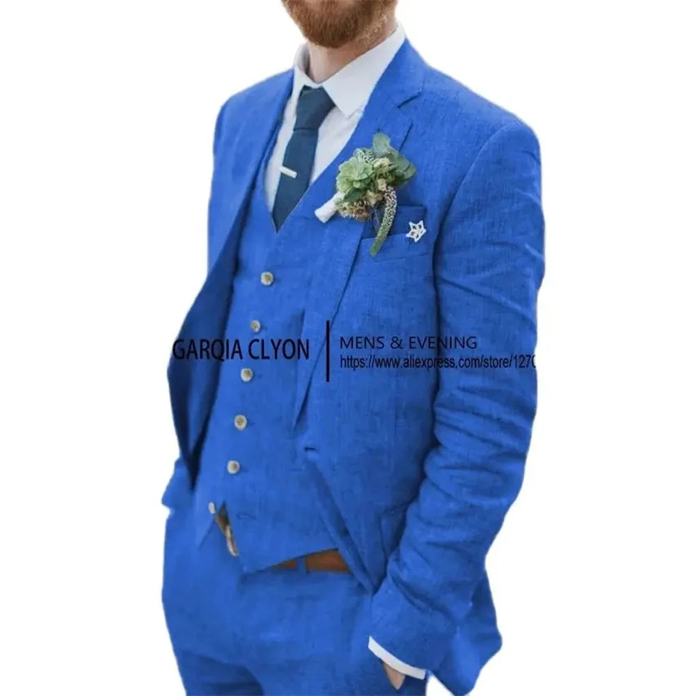 The Azure Coast: 3-Piece Retro Linen Wedding Suit