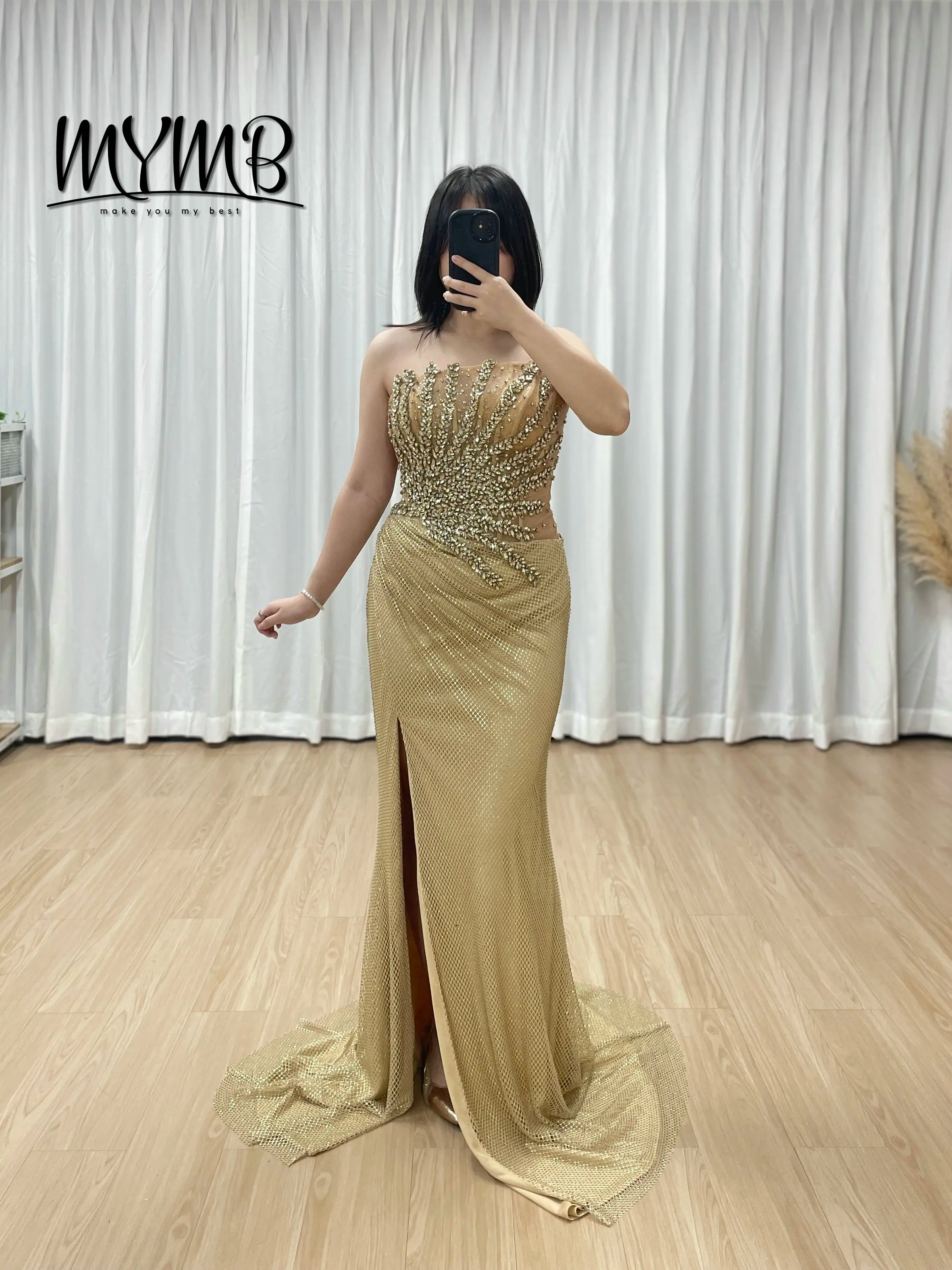 The Champagne Radiance: MYMB Dramatic Rhinestone Celebrity Gown