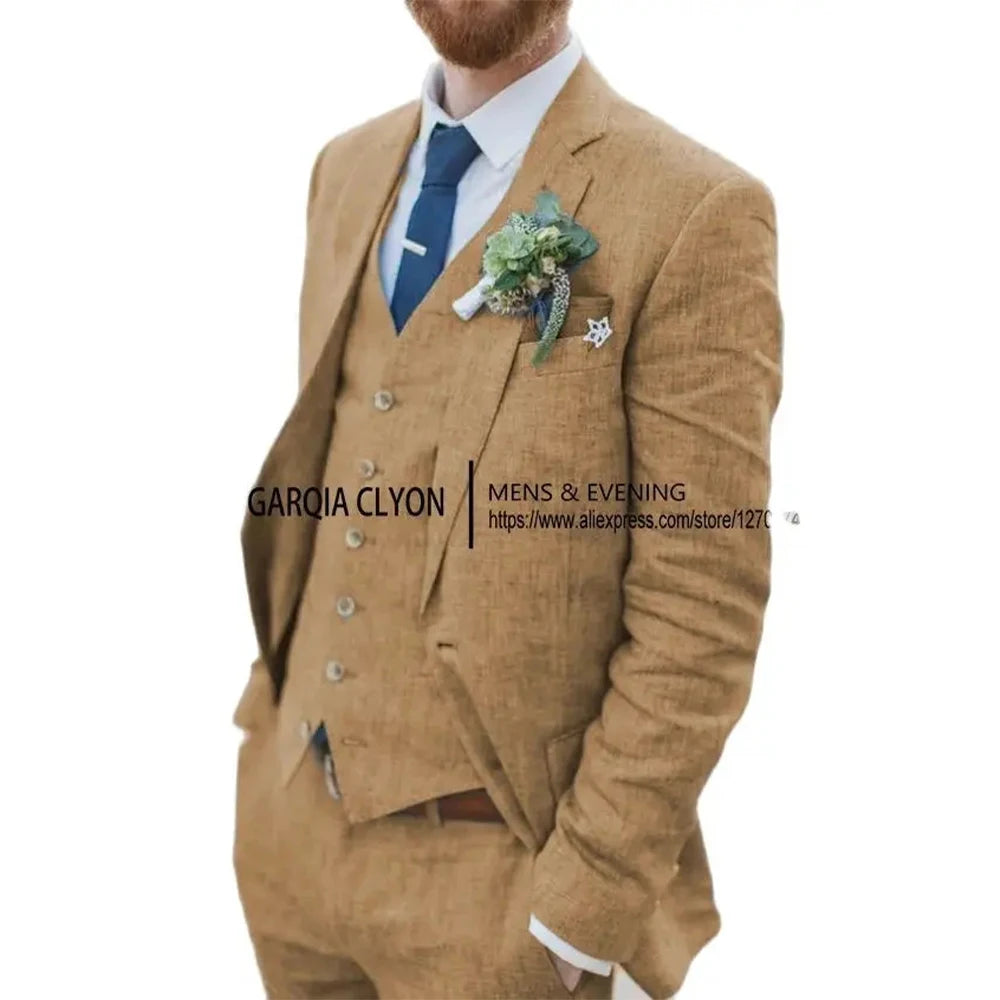 The Azure Coast: 3-Piece Retro Linen Wedding Suit