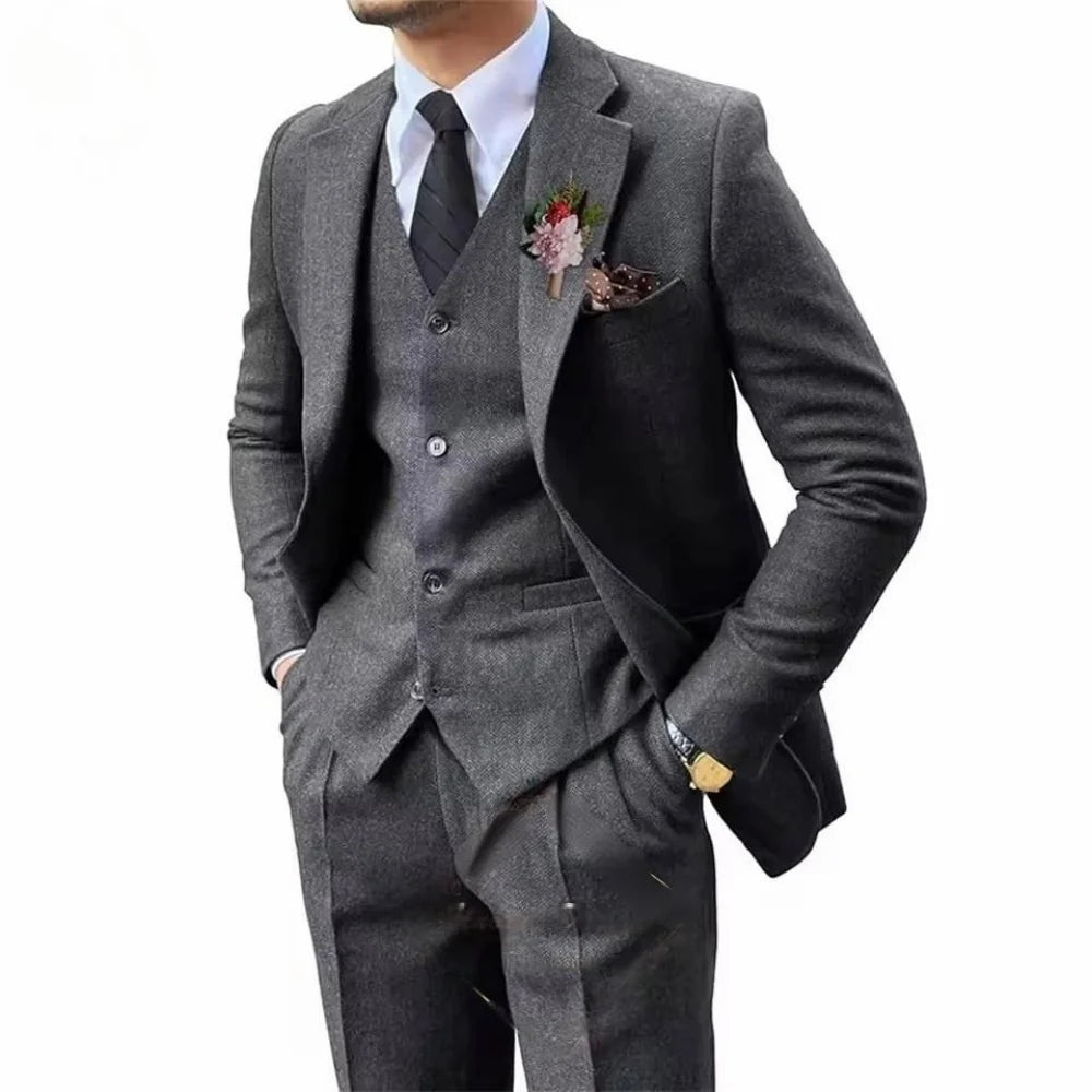 The Amber Fishbone: Brown Tweed 3-Piece Smoking Suit