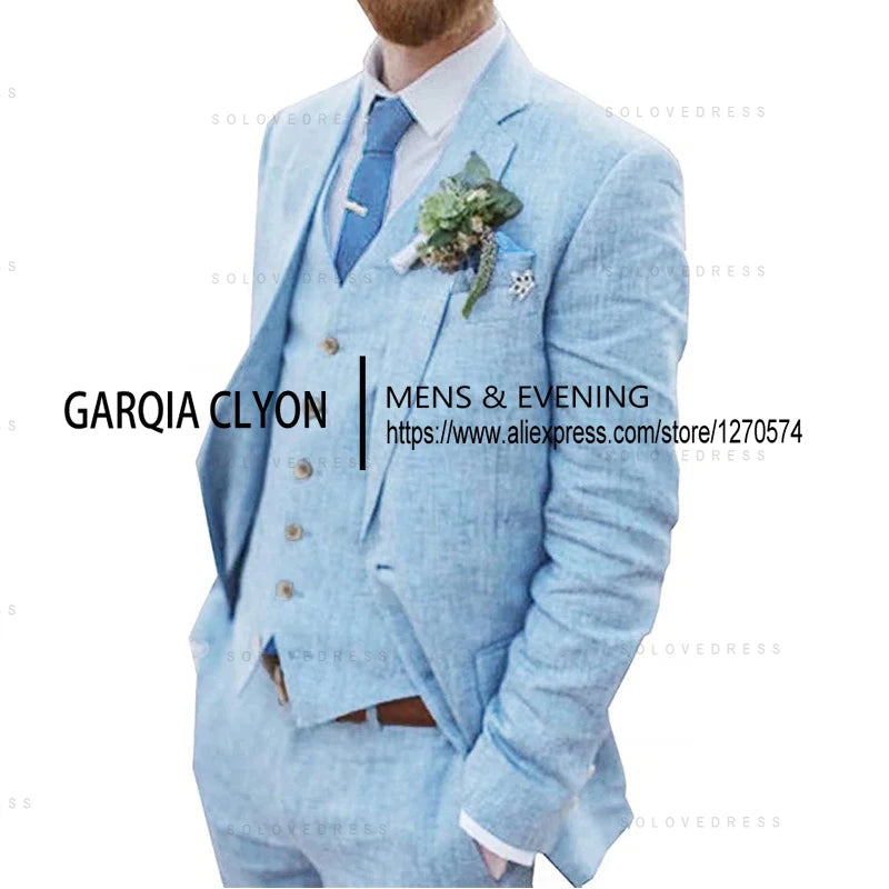 The Azure Coast: 3-Piece Retro Linen Wedding Suit