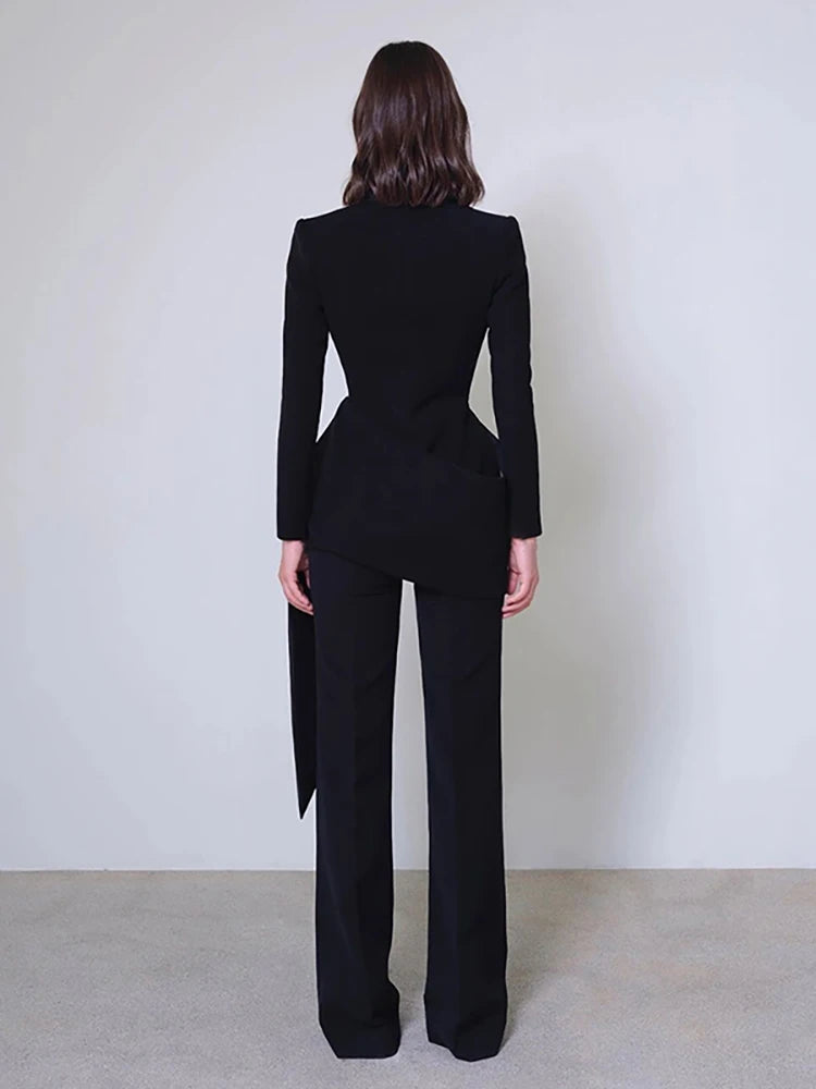 The Avant-Garde Executive: Irregular Ruffle Blazer & High-Waist Pant Set
