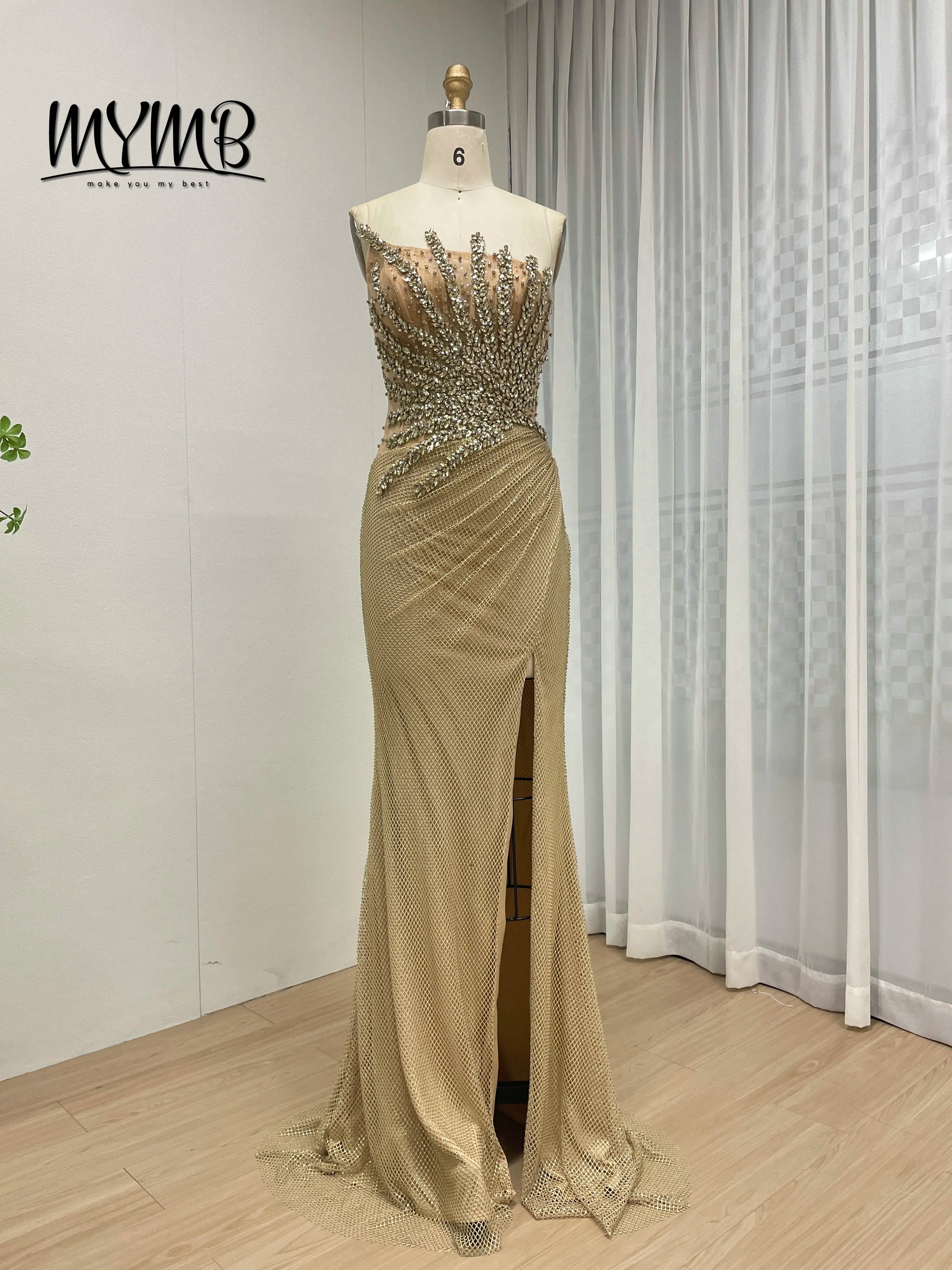 The Champagne Radiance: MYMB Dramatic Rhinestone Celebrity Gown