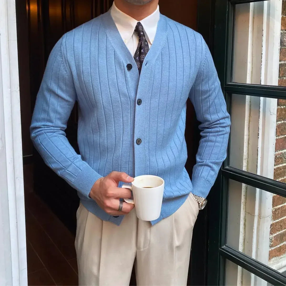 The Kyoto Monolith: Modern V-Neck Business Cardigan