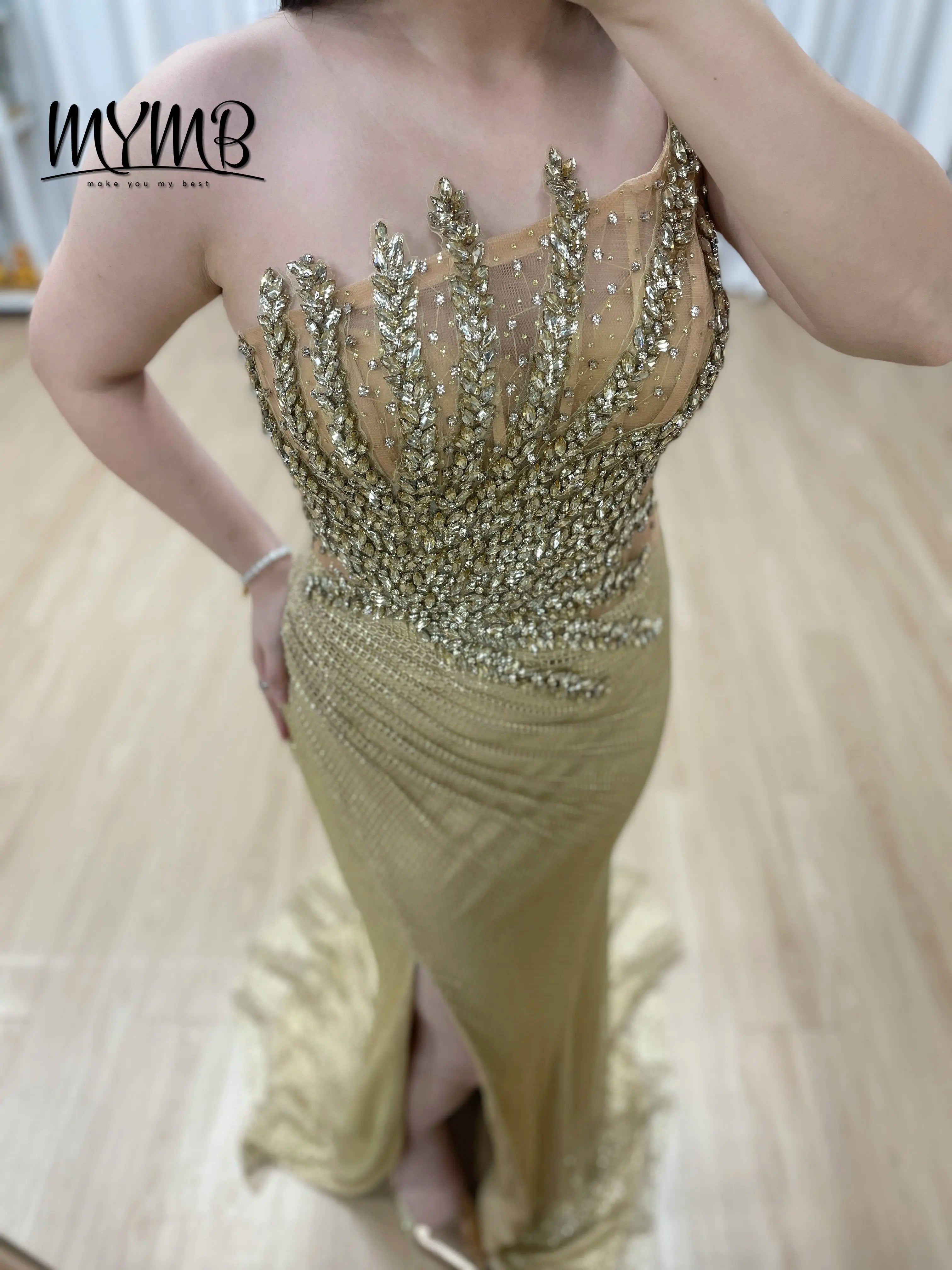 The Champagne Radiance: MYMB Dramatic Rhinestone Celebrity Gown